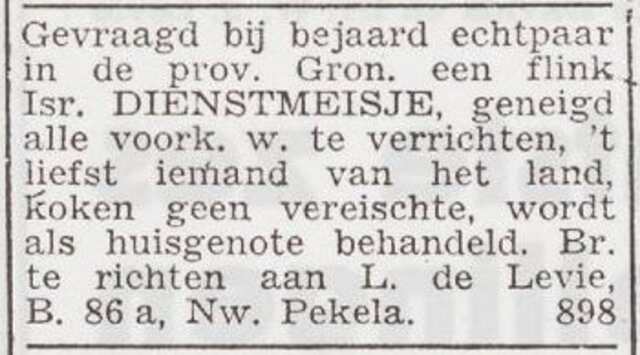 Advertentie 'personeel gevraagd' van Levie en Dientje de Levie