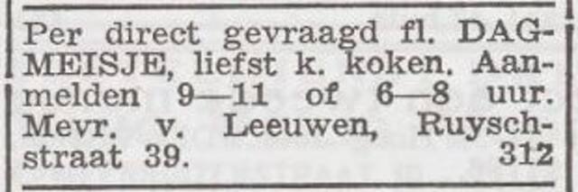 Advertentie 'personeel gevraagd' van Hendrika van Leeuwen-Soubice