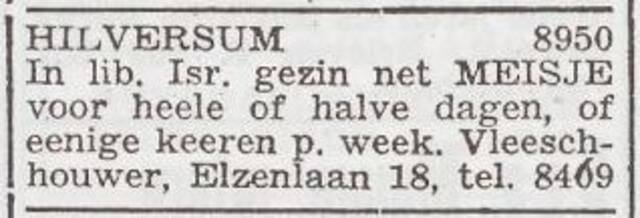 Advertentie 'personeel gevraagd' van Joseph Isidoor Vleeschhouwer