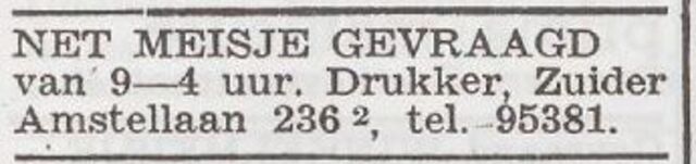Advertentie 'personeel gevraagd' van het gezin Barend Drukker