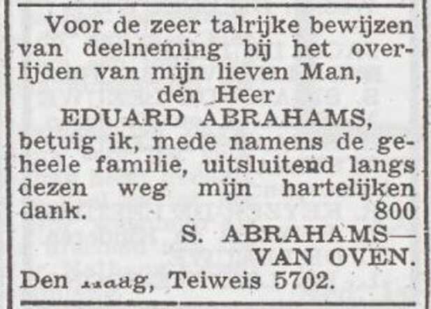Dankbetuiging van de familie Abrahams