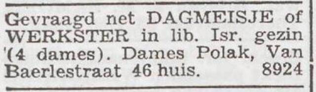Advertentie 'personeel gevraagd' van de dames Polak