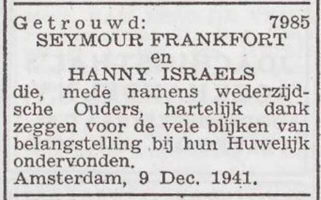 Dankbetuiging van het echtpaar Seymour en Hanny Frankfort