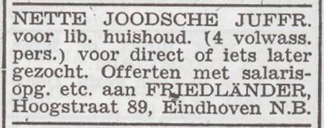 Advertentie 'personeel gevraagd' van het gezin Hugo Friedländer