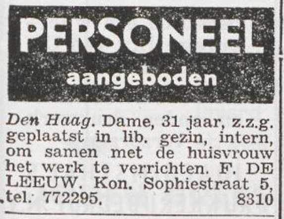 Advertentie 'personeel aangeboden' van Frieda de Leeuw