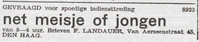 Advertentie 'personeel gevraagd' van Fritz Landauer