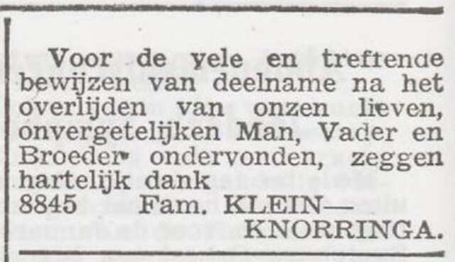 Dankbetuiging van de familie Klein-Knorringa