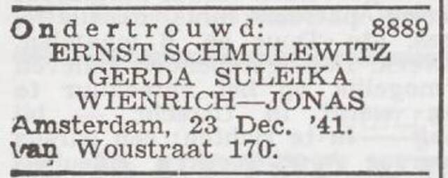 Aankondiging van de ondertrouw van Ernst Schmulewitz en Gerda Jonas
