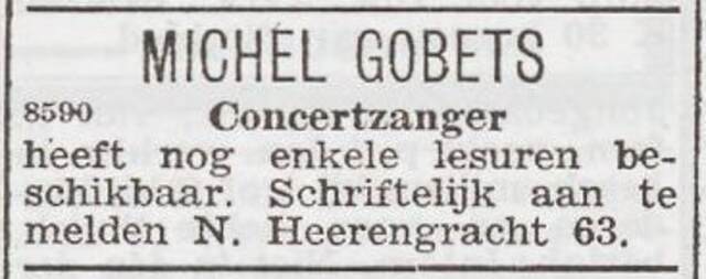 Advertentie van zanger Michel Gobets