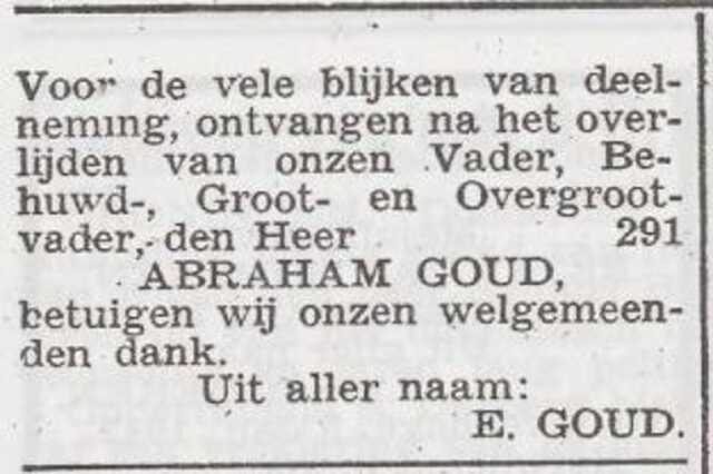 Dankbetuiging van de familie Goud