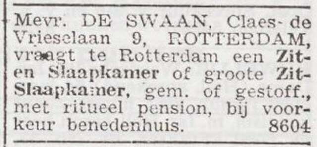 Advertentie 'te huur gevraagd' van Grietje de Swaan-Zwarts