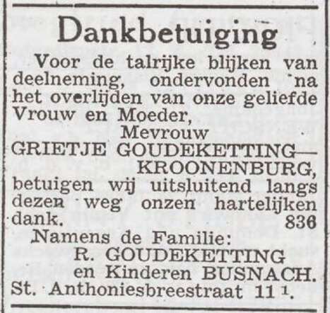 Dankbetuiging van de familie Goudeketting en kinderen Busnach