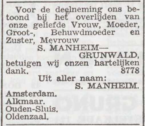 Dankbetuiging van de familie Manheim