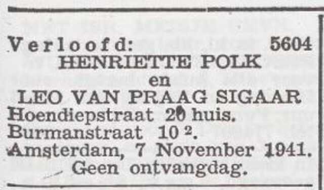 Bekendmaking van de verloving van Henriette Polk en Leo van Praag Sigaar