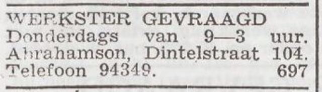 Advertentie 'personeel gevraagd' van Rosa Abrahamson-Loewenbach