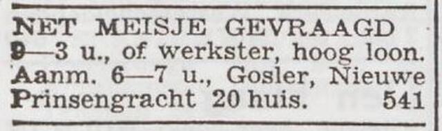 Advertentie 'personeel gevraagd' van het echtpaar Abraham en Saartje Gosler