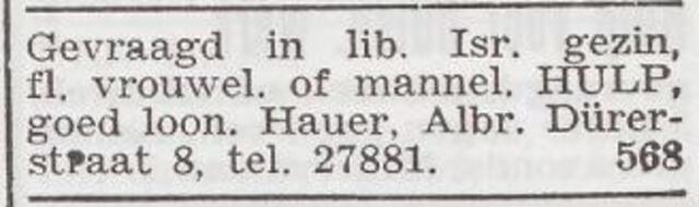 Advertentie 'personeel gevraagd' van het gezin Walter Benjamin Hauer