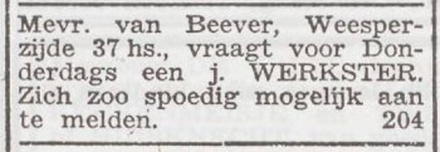 Advertentie 'personeel gevraagd' van Helena van Beever-Vigeveno