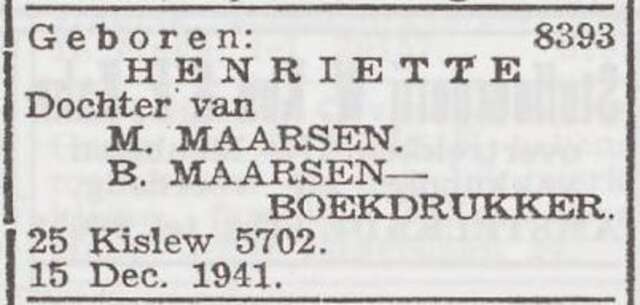 Bekendmaking van de geboorte van Henriette Maarsen