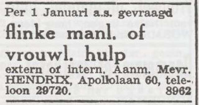 Advertentie 'personeel gevraagd' van Bertha Hendrix-Vles