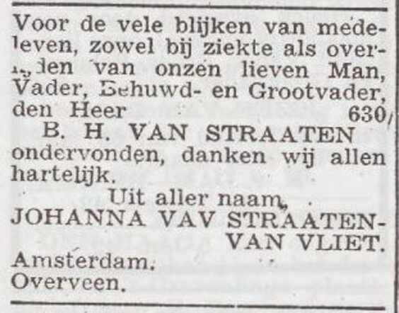 Dankbetuiging van de familie Van Straaten
