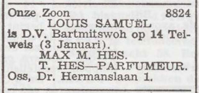 Aankondiging van de bar mitswa van Louis Samuel Hes