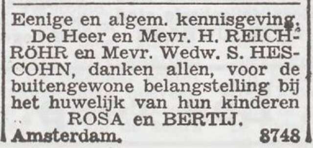 Dankbetuiging van de families Reich en Hes