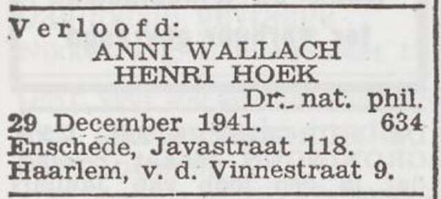 Bekendmaking van de verloving van Henri Hoek en Anni Wallach