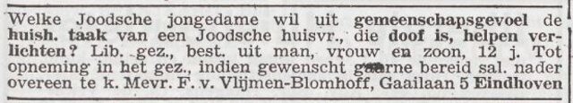Advertentie 'personeel gevraagd' van het gezin Joseph van Vlijmen