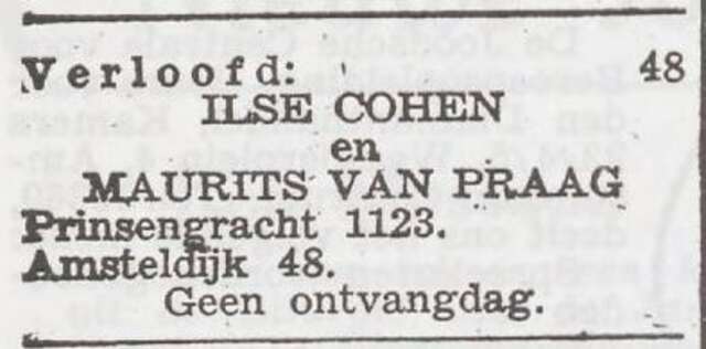 Bekendmaking van de verloving van Maurits van Praag en Ilse Cohen