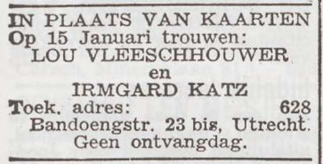 Bekendmaking van het huwelijk van Louis Vleeschhouwer en Irmgard Katz