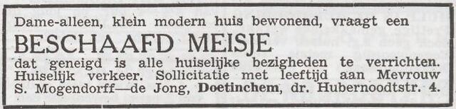 Advertentie 'personeel gevraagd' van Saartje Mogendorff-de Jong