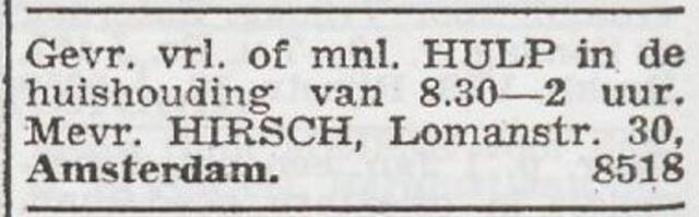 Advertentie 'personeel gevraagd' van het gezin Hirsch