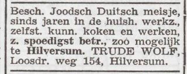 Advertentie 'personeel aangeboden' van Gertrud Jenny Wolf