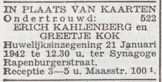 Bekendmaking van ondertrouw van Erich Kahlenberg en Margaretha Kok