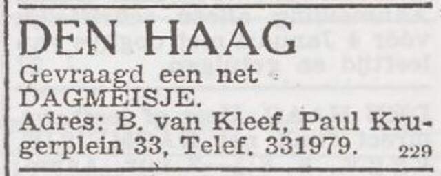Advertentie 'personeel gevraagd' van het gezin Bernard van Kleef