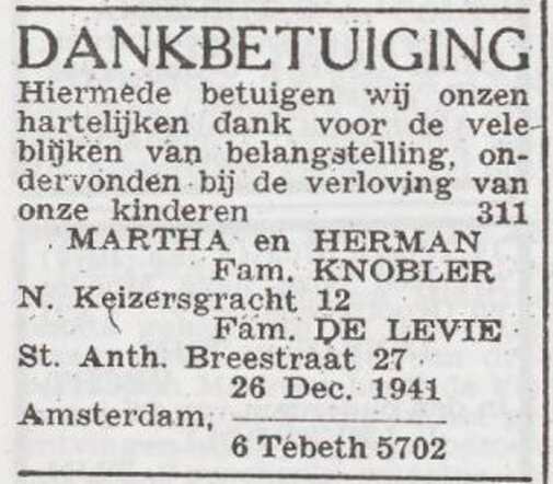 Dankbetuiging van de families Knobler en De Levie