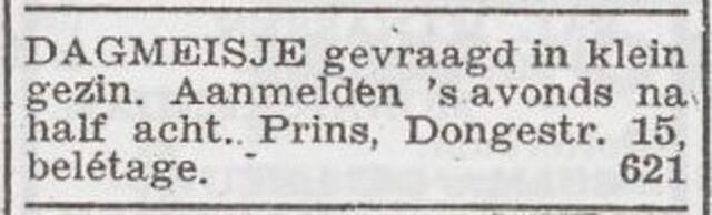 Advertentie 'personeel gevraagd' van het gezin Nico Prins