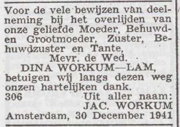 Dankbetuiging van de familie Workum