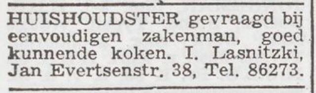 Advertentie 'personeel gevraagd' van de weduwnaar Isidor Lasnitzki