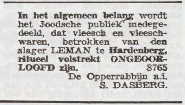 Mededeling van opperrabbijn Dasberg