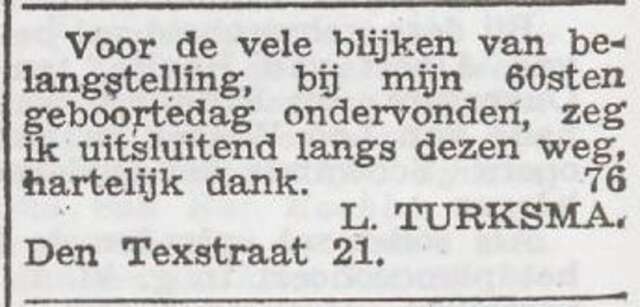 Dankbetuiging van Levie Turksma