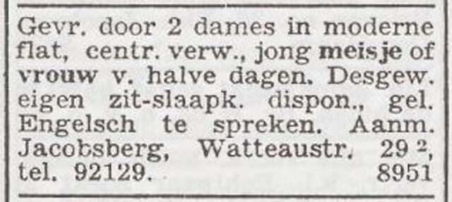 Advertentie 'personeel gevraagd' van Alice Jacobsberg en Marie Nunes Cardozo-Jacobsberg