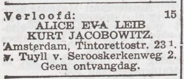 Bekendmaking van de verloving van Kurt Jacobowitz en Alice Leib