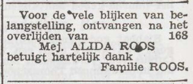 Dankbetuiging van de familie Roos