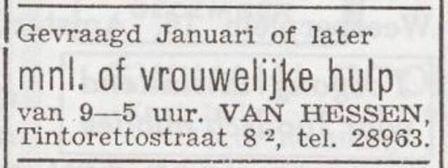 Advertentie 'personeel gevraagd' van het gezin Aalje van Hessen