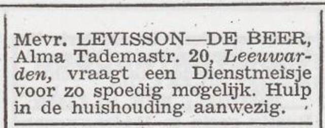Advertentie 'personeel gevraagd' van het gezin Abraham Levisson