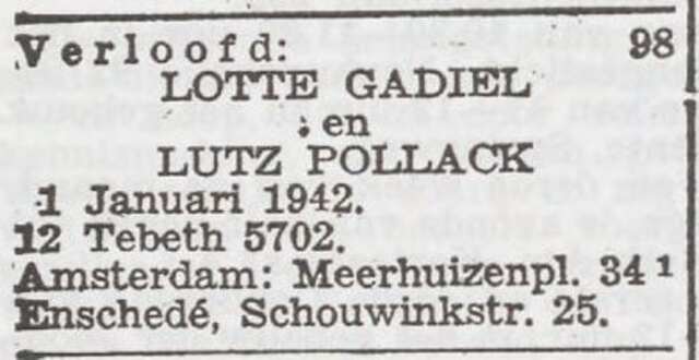 Bekendmaking van de verloving van Charlotte Gadiel en Lutz Pollack