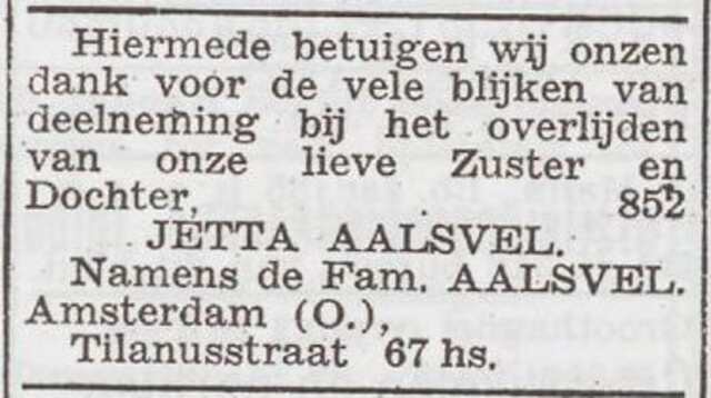 Dankbetuiging van de familie Aalsvel