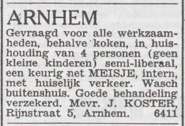 Advertentie 'personeel gevraagd' van het gezin Isaäc Koster